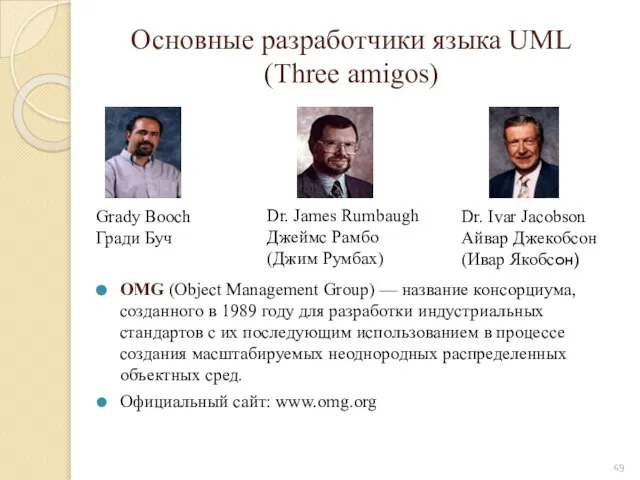 Основные разработчики языка UML (Three amigos) Grady Booch Гради Буч Dr.