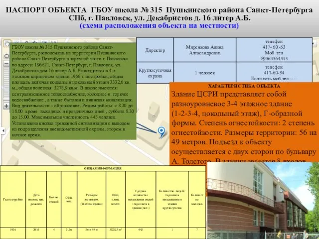 ПАСПОРТ ОБЪЕКТА ГБОУ школа № 315 Пушкинского района Санкт-Петербурга СПб, г.