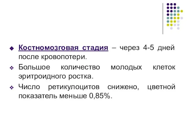 Костномозговая стадия – через 4-5 дней после кровопотери. Большое количество молодых