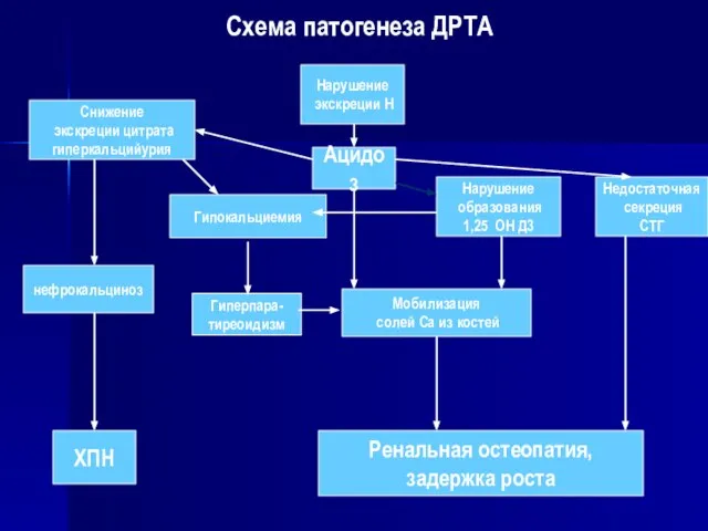 Схема патогенеза ДРТА Нарушение экскреции Н Ацидоз Снижение экскреции цитрата гиперкальцийурия