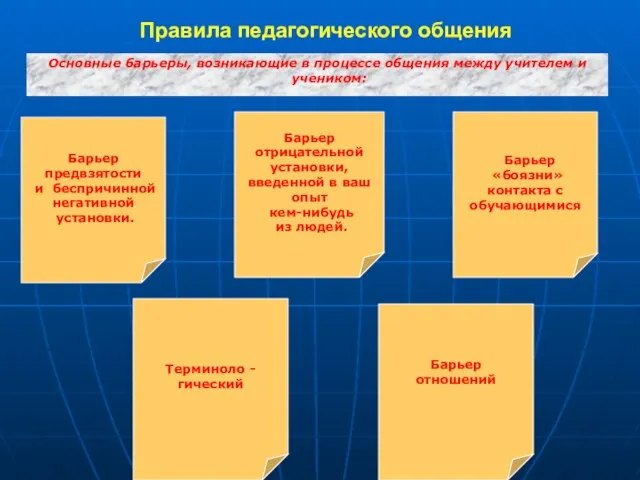 Правила педагогического общения Основные барьеры, возникающие в процессе общения между учителем