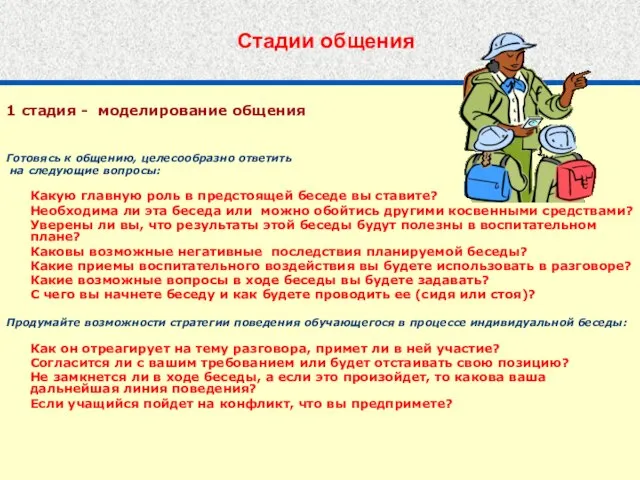 Стадии общения 1 стадия - моделирование общения Готовясь к общению, целесообразно