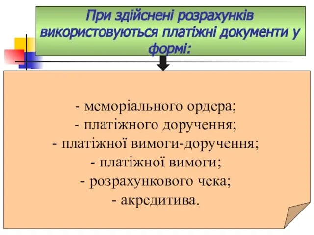 При здійснені розрахунків використовуються платіжні документи у формі: - меморіального ордера;