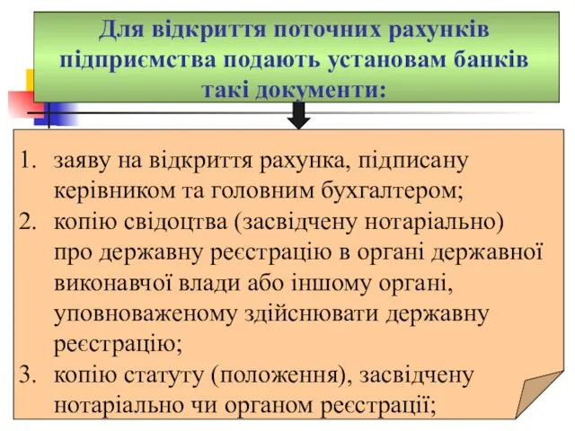 Для відкриття поточних рахунків підприємства подають установам банків такі документи: заяву