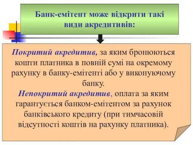 Банк-емітент може відкрити такі види акредитивів: Покритий акредитив, за яким бронюються