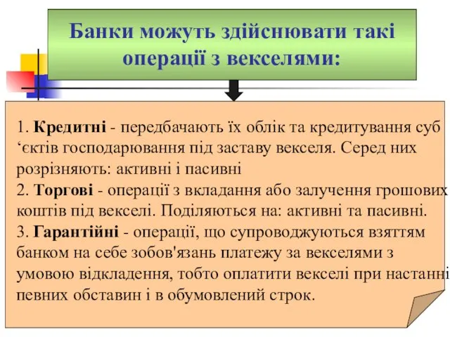 Банки можуть здійснювати такі операції з векселями: 1. Кредитні - передбачають