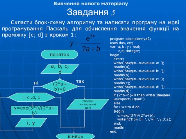 Вивчення нового матеріалу Завдання 5 Скласти блок-схему алгоритму та написати програму