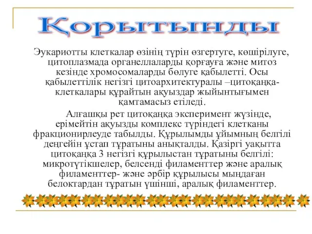 Эукариотты клеткалар өзінің түрін өзгертуге, көшірілуге, цитоплазмада органеллаларды қорғауға және митоз