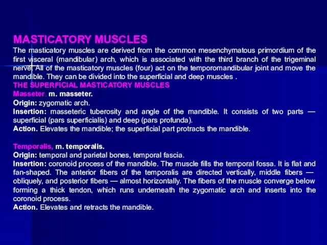 MASTICATORY MUSCLES The masticatory muscles are derived from the common mesenchymatous