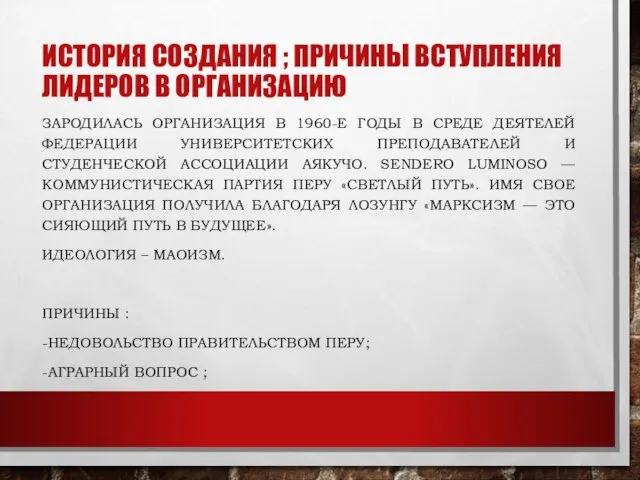 ИСТОРИЯ СОЗДАНИЯ ; ПРИЧИНЫ ВСТУПЛЕНИЯ ЛИДЕРОВ В ОРГАНИЗАЦИЮ ЗАРОДИЛАСЬ ОРГАНИЗАЦИЯ В