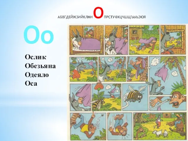 АБВГДЕЙЖЗИЙКЛМНОПРСТУФХЦЧШЩЪЫЬЭЮЯ Оо Ослик Обезьяна Одеяло Оса