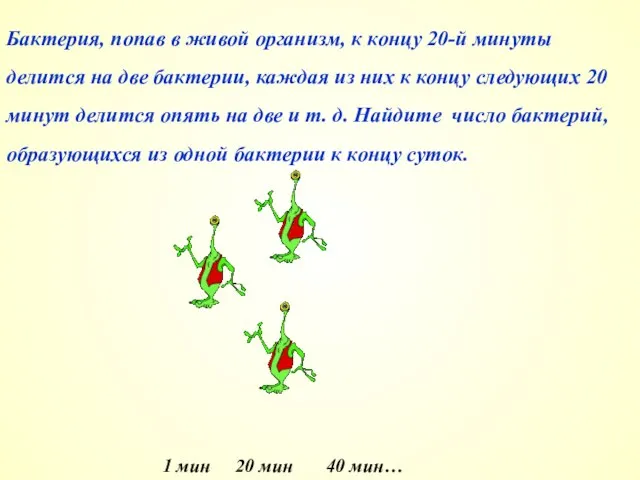 Бактерия, попав в живой организм, к концу 20-й минуты делится на