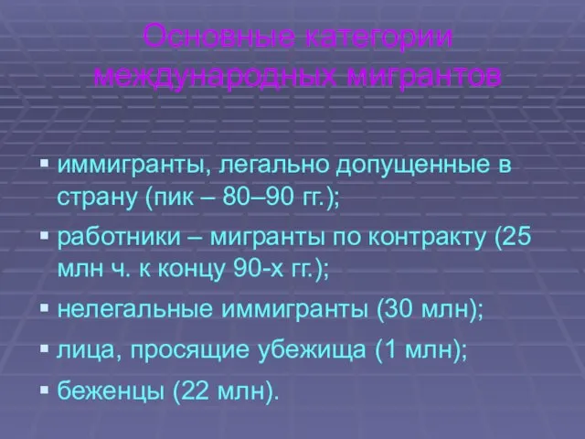 Основные категории международных мигрантов иммигранты, легально допущенные в страну (пик –