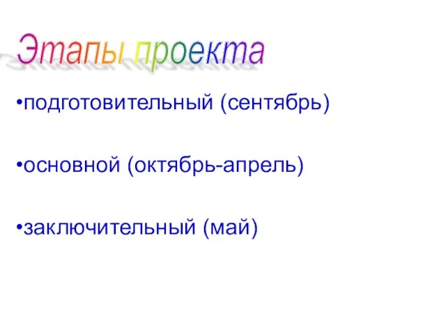 подготовительный (сентябрь) основной (октябрь-апрель) заключительный (май) Этапы проекта