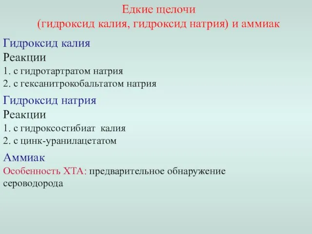 Едкие щелочи (гидроксид калия, гидроксид натрия) и аммиак Гидроксид калия Реакции