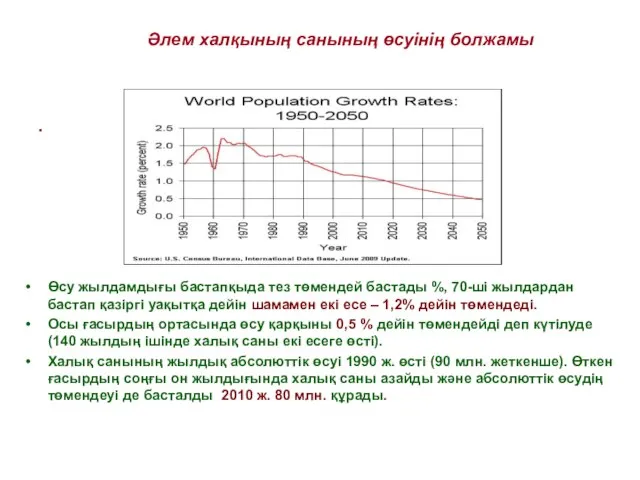 Әлем халқының санының өсуінің болжамы . Өсу жылдамдығы бастапқыда тез төмендей