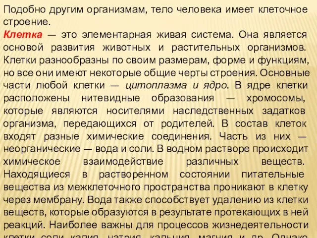 Подобно другим организмам, тело человека имеет клеточное строение. Клетка — это