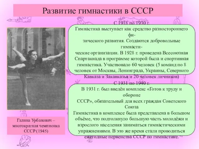 Развитие гимнастики в СССР Галина Урбанович – многократная чемпионка СССР (1945)