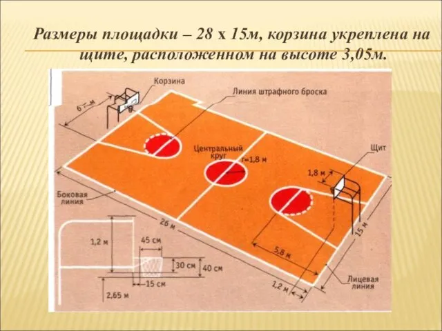 Размеры площадки – 28 х 15м, корзина укреплена на щите, расположенном на высоте 3,05м.