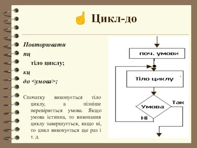 ☝ Цикл-до Повторювати пц тіло циклу; кц до ; Спочатку виконується