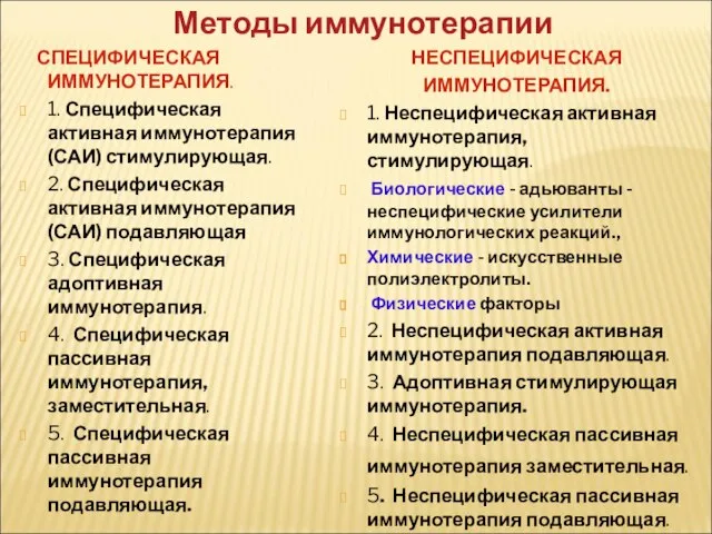 Методы иммунотерапии СПЕЦИФИЧЕСКАЯ ИММУНОТЕРАПИЯ. 1. Специфическая активная иммунотерапия (САИ) стимулирующая. 2.