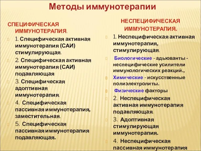 Методы иммунотерапии СПЕЦИФИЧЕСКАЯ ИММУНОТЕРАПИЯ. 1. Специфическая активная иммунотерапия (САИ) стимулирующая. 2.