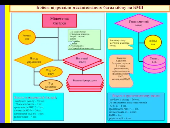 Бойові підрозділи механізованого батальйону на БМП Гранатометний взвод Мінометна батарея Управління