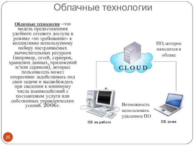 Облачные технологии Облачные технологии –это модель предоставления удобного сетевого доступа в