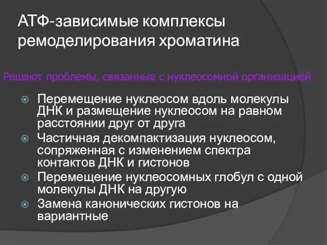 АТФ-зависимые комплексы ремоделирования хроматина Перемещение нуклеосом вдоль молекулы ДНК и размещение