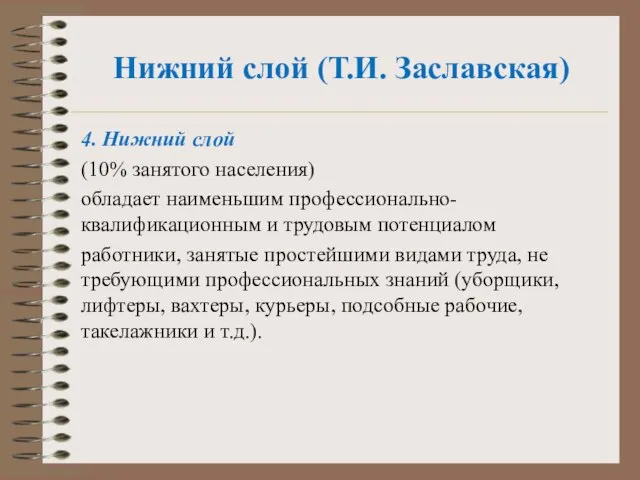 Нижний слой (Т.И. Заславская) 4. Нижний слой (10% занятого населения) обладает