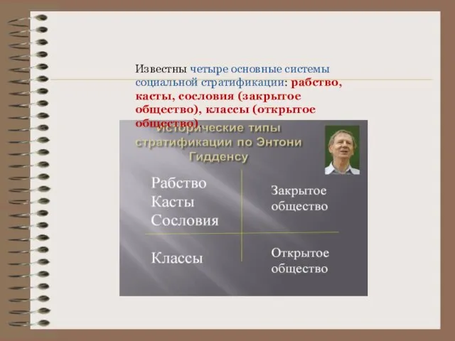 Известны четыре основные системы социальной стратификации: рабство, касты, сословия (закрытое общество), классы (открытое общество).