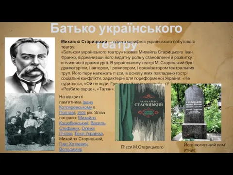 Батько українського театру Михайло Старицький — один з корифеїв українського побутового