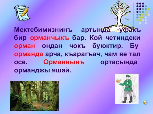 Мектебимизнинъ артында уфакъ бир орманчыкъ бар. Кой четиндеки орман ондан чокъ