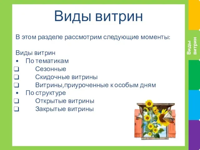 Виды витрин В этом разделе рассмотрим следующие моменты: Виды витрин •