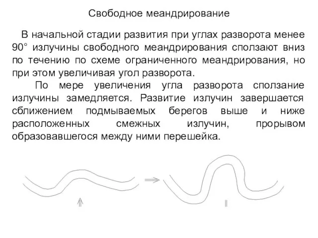 В начальной стадии развития при углах разворота менее 90° излучины свободного