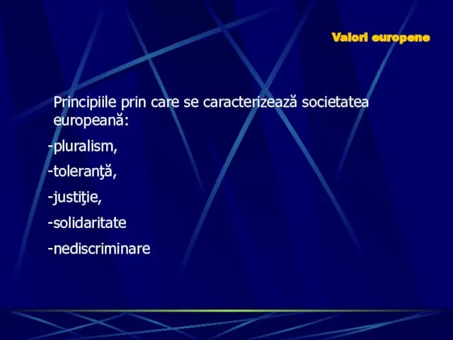 Principiile prin care se caracterizează societatea europeană: pluralism, toleranţă, justiţie, solidaritate nediscriminare Valori europene