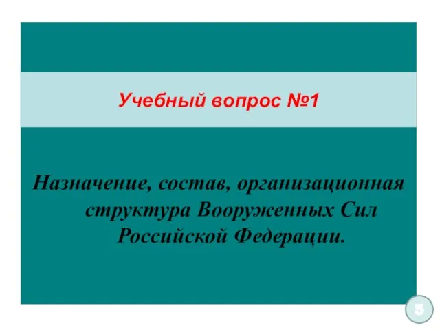 Назначение, состав, организационная структура Вооруженных Сил Российской Федерации. Учебный вопрос №1 5