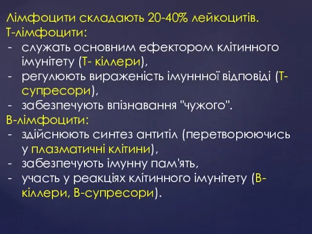 Лімфоцити складають 20-40% лейкоцитів. Т-лімфоцити: служать основним ефектором клітинного імунітету (Т-