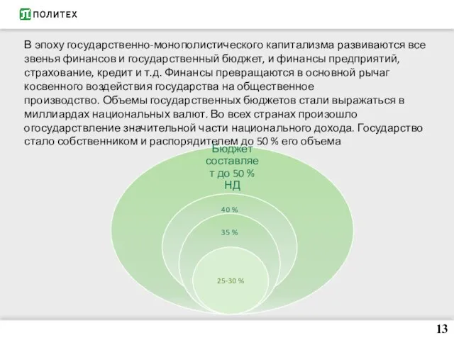 13 В эпоху государственно-монополистического капитализма развиваются все звенья финансов и государственный