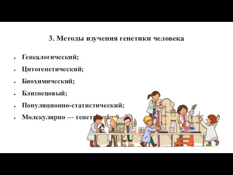 3. Методы изучения генетики человека Генеалогический; Цитогенетический; Биохимический; Близнецовый; Популяционно-статистический; Молекулярно — генетический.