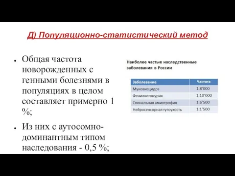 Д) Популяционно-статистический метод Общая частота новорожденных с генными болезнями в популяциях