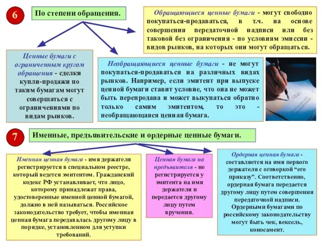 По степени обращения. Обращающиеся ценные бумаги - могут свободно покупаться-продаваться, в