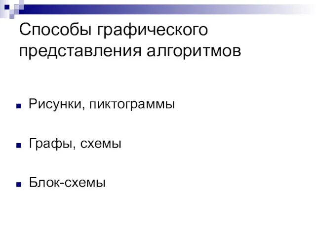 Способы графического представления алгоритмов Рисунки, пиктограммы Графы, схемы Блок-схемы