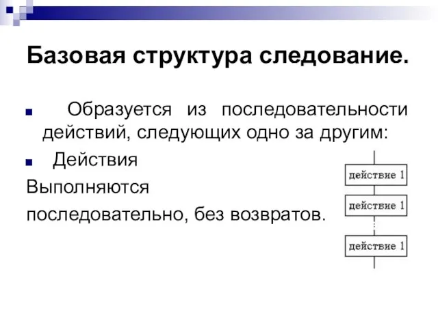 Базовая структура следование. Образуется из последовательности действий, следующих одно за другим: Действия Выполняются последовательно, без возвратов.