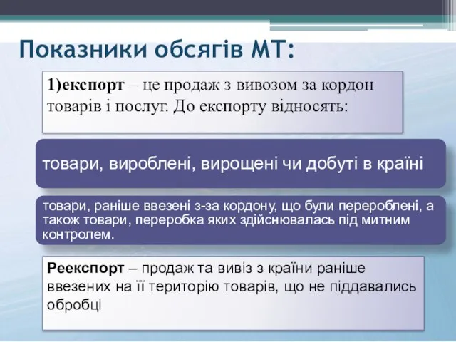 Показники обсягів МТ: товари, вироблені, вирощені чи добуті в країні товари,