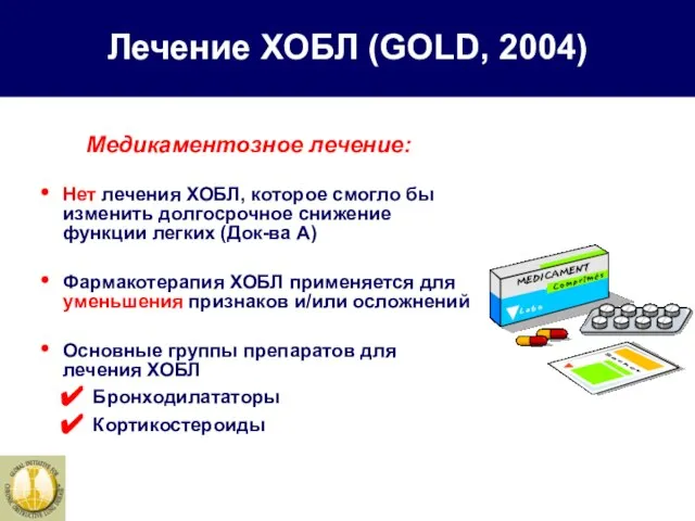 Лечение ХОБЛ (GOLD, 2004) Нет лечения ХОБЛ, которое смогло бы изменить