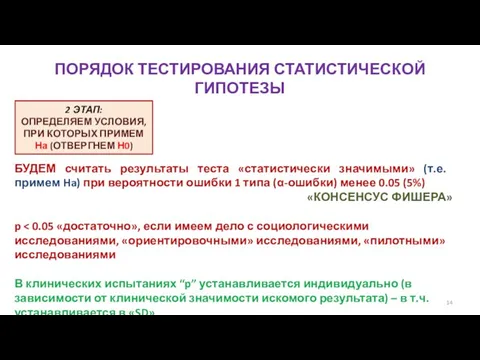 ПОРЯДОК ТЕСТИРОВАНИЯ СТАТИСТИЧЕСКОЙ ГИПОТЕЗЫ 2 ЭТАП: ОПРЕДЕЛЯЕМ УСЛОВИЯ, ПРИ КОТОРЫХ ПРИМЕМ