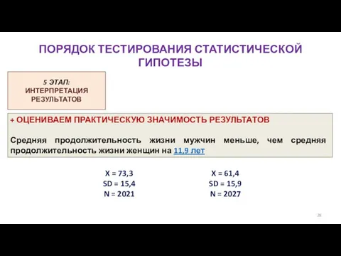 ПОРЯДОК ТЕСТИРОВАНИЯ СТАТИСТИЧЕСКОЙ ГИПОТЕЗЫ 5 ЭТАП: ИНТЕРПРЕТАЦИЯ РЕЗУЛЬТАТОВ + ОЦЕНИВАЕМ ПРАКТИЧЕСКУЮ