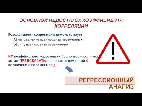 ОСНОВНОЙ НЕДОСТАТОК КОЭФФИЦИЕНТА КОРРЕЛЯЦИИ Коэффициент корреляции демонстрирует А) направление взаимосвязи переменных