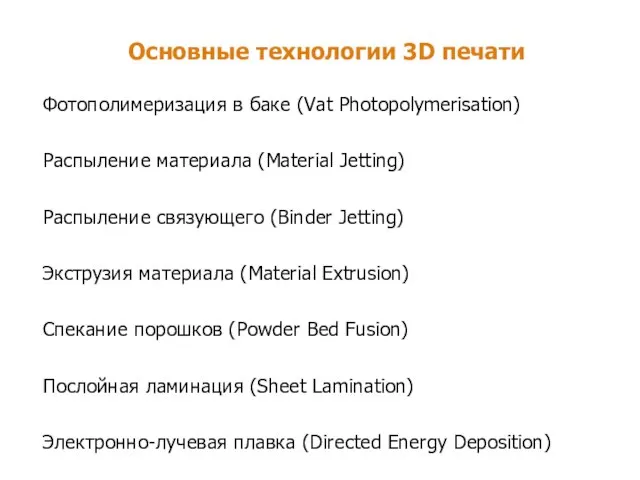 Основные технологии 3D печати Фотополимеризация в баке (Vat Photopolymerisation) Распыление материала